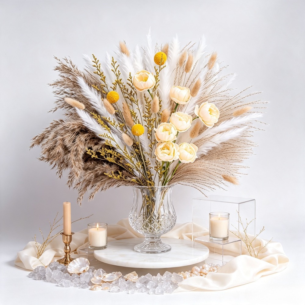 Dried Flower Bunch - ช่อดอกไม้แห้งผสม, แพมพัสกราส, บันนี่เทลส์กราส, คราสเปเดีย, กุหลาบแห้ง, ลิโมเนียม,